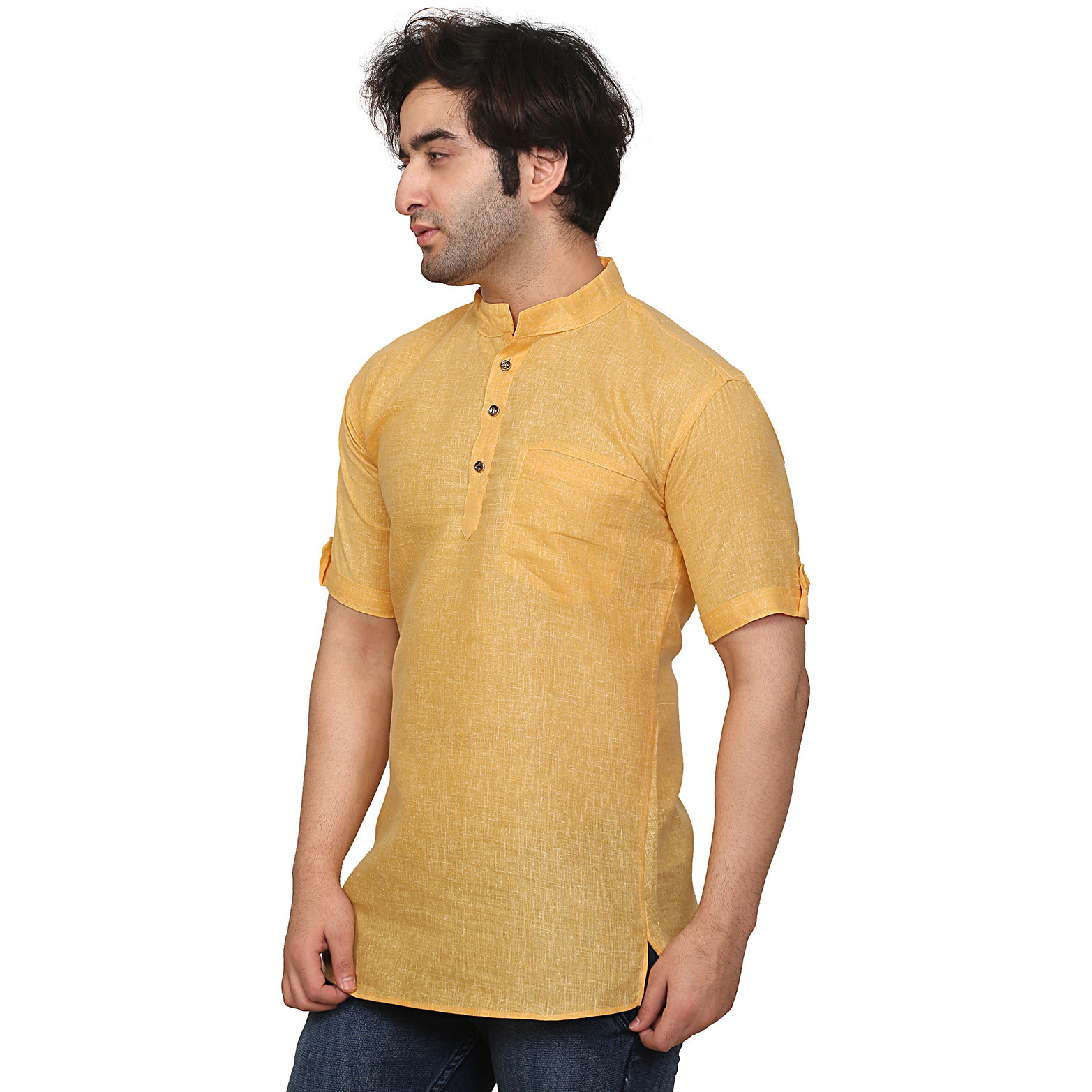 GARUN YELLOW HALF SLLEVE SHORT KURTA (Size:L)