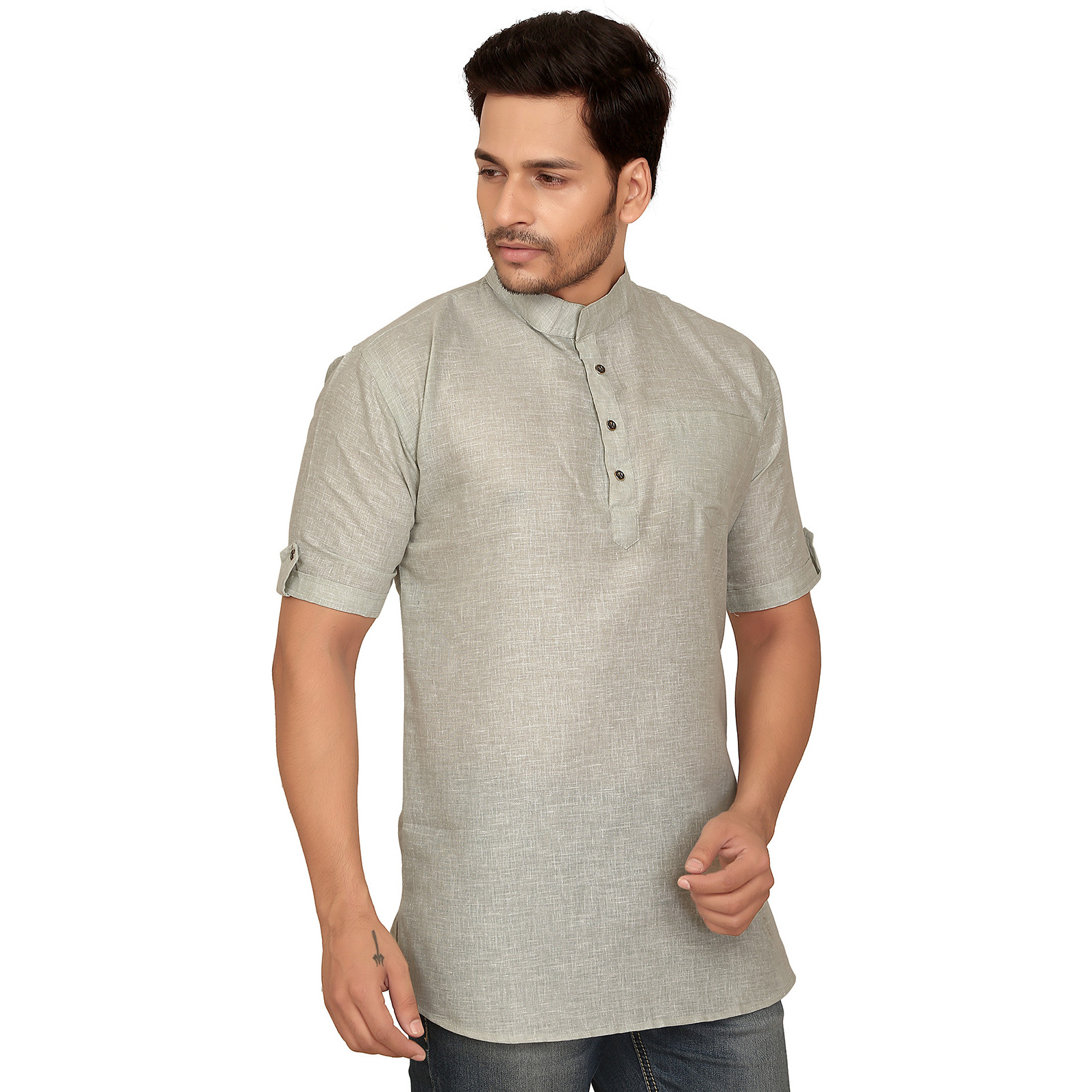 GARUN GRAY HALF SLLEVE SHORT KURTA (Size:L)