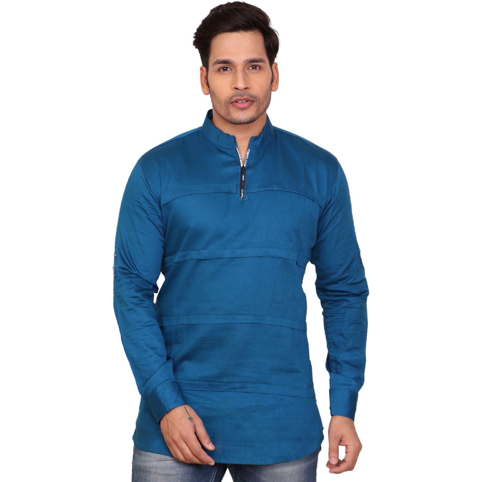 Garun Dark Blue Half Zip Solid Men's Straight Kurta (Size:XL)