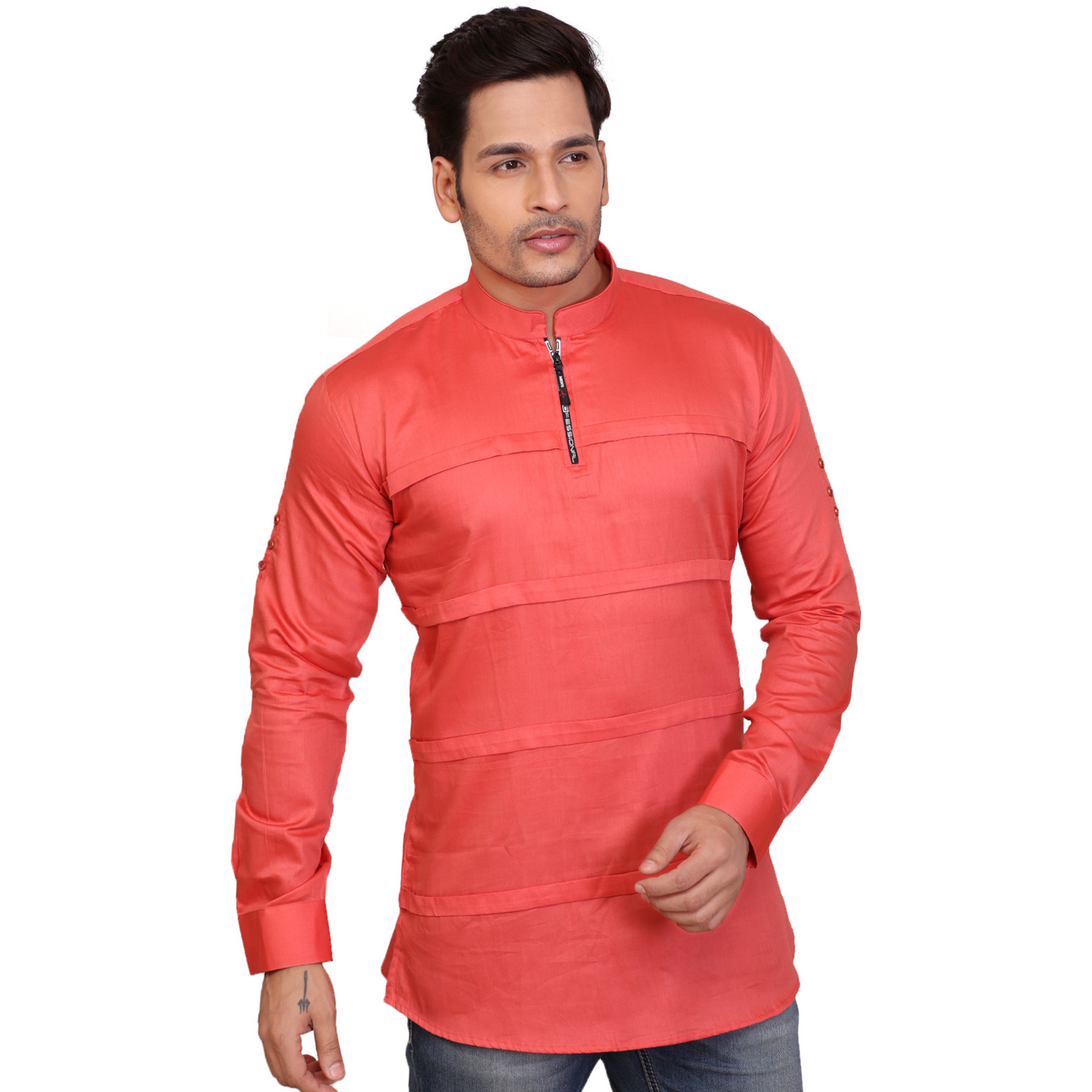 Garun Orange Half Zip Solid Men's Straight Kurta