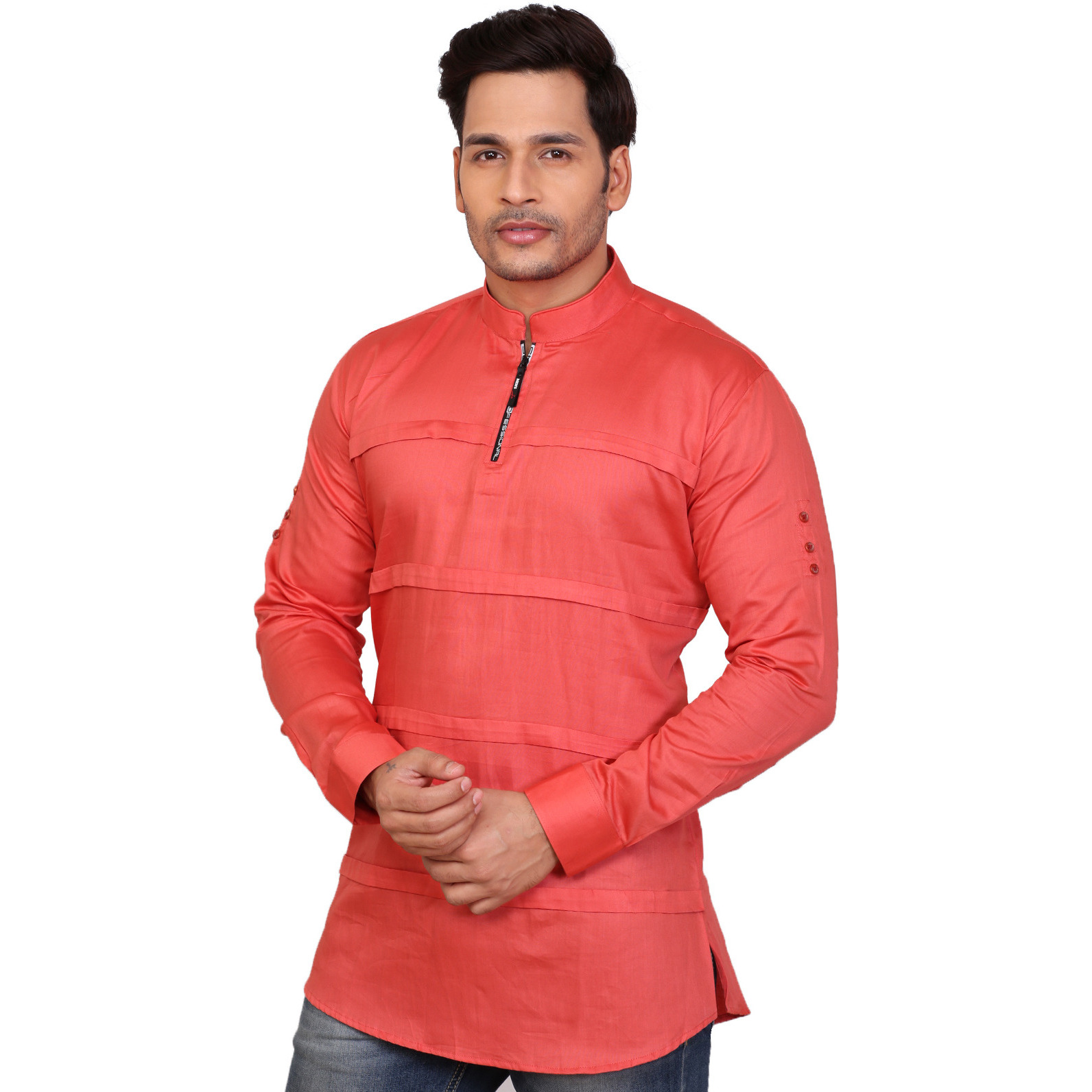 Garun Orange Half Zip Solid Men's Straight Kurta