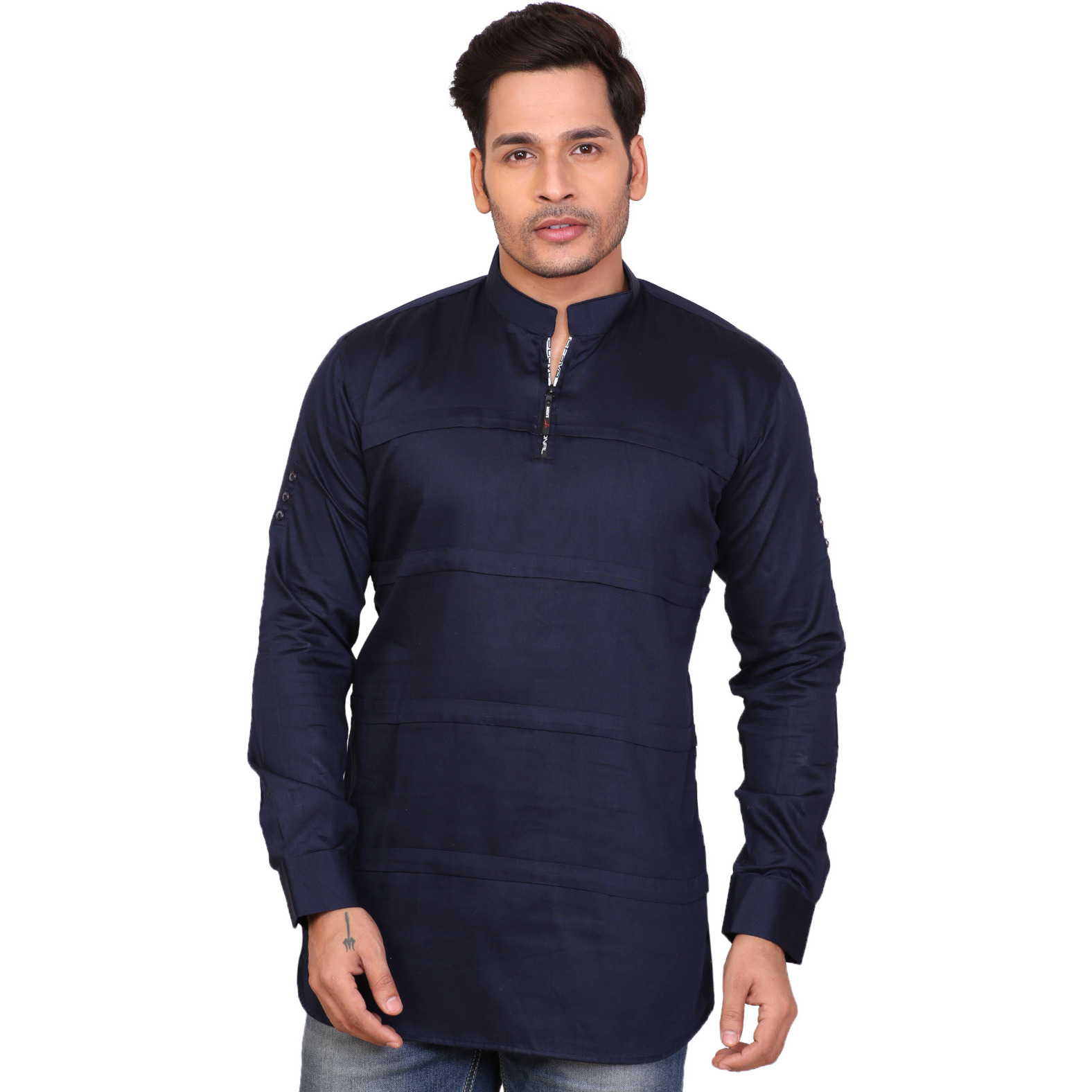 Garun Light Blue Half Zip Solid Men's Straight Kurta (Size:L)