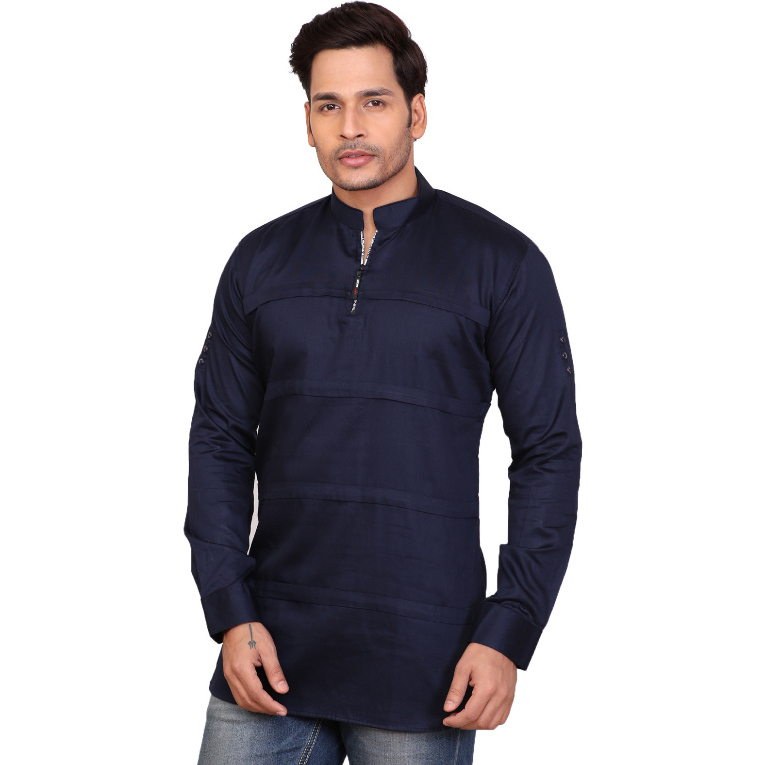 Garun Light Blue Half Zip Solid Men's Straight Kurta (Size:M)