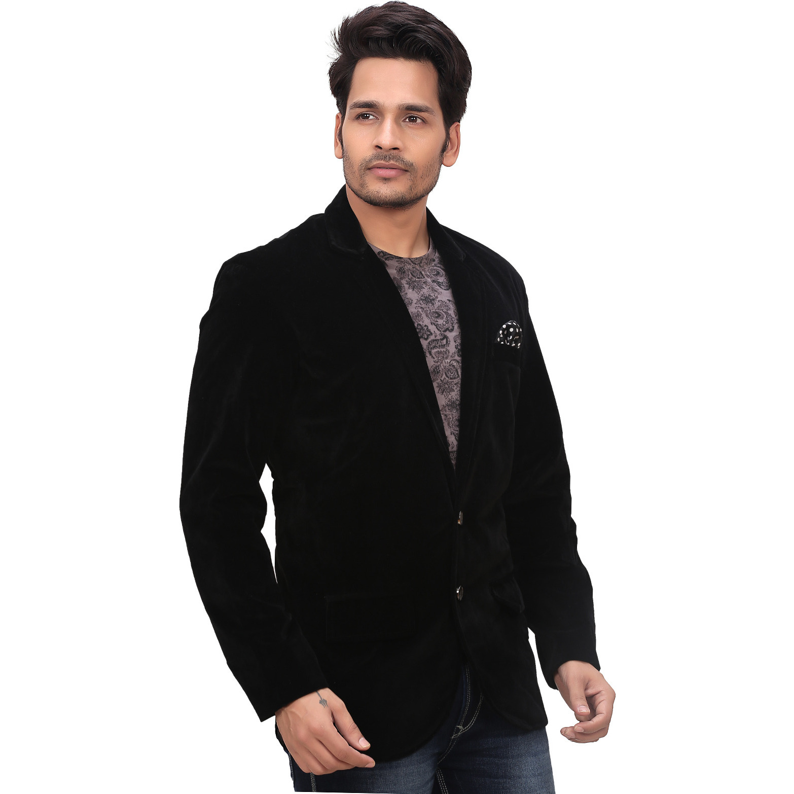 Garun Black Party Wear Velvet Blazer (Size:M)