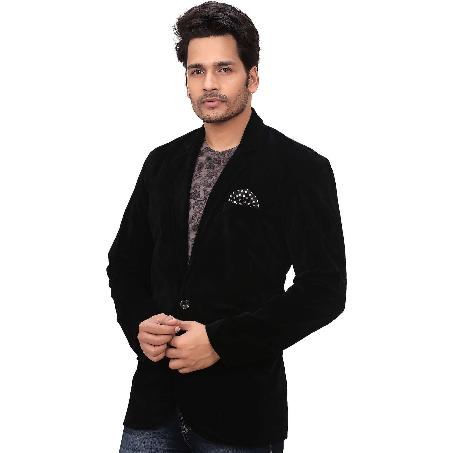 Garun Black Party Wear Velvet Blazer (Size:M)