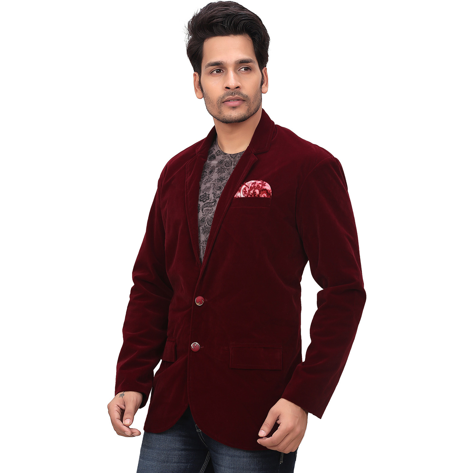 Garun Maroon Party Wear Velvet Blazer (Size:XL)