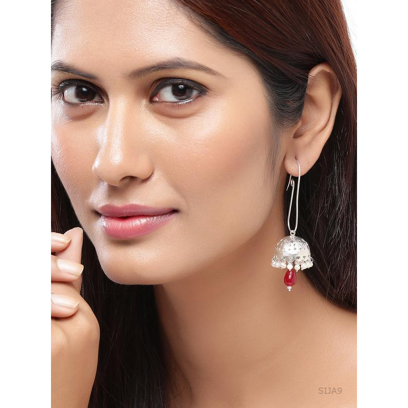 Silver-Toned & Red Circular Jhumkas By Silvermerc Designs