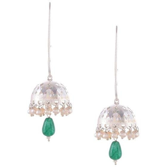 Silver-Plated & Green Dome Shaped Jhumkas By Silvermerc Designs