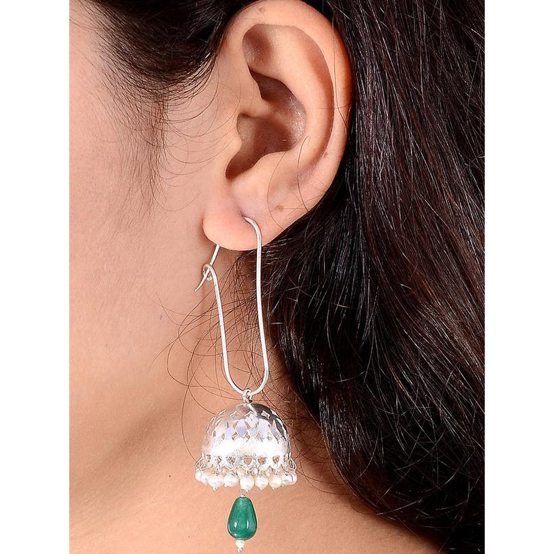 Silver-Plated & Green Dome Shaped Jhumkas By Silvermerc Designs