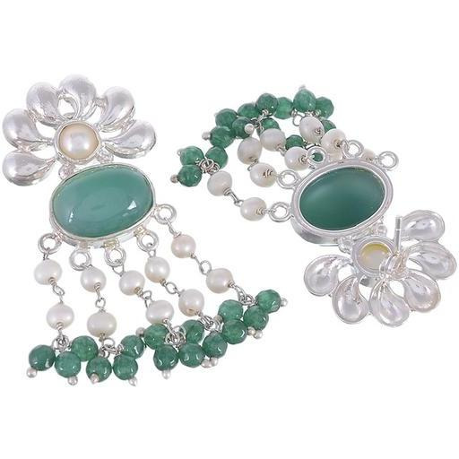 Silver-Toned & Green Circular Drop Earrings By Silvermerc Designs
