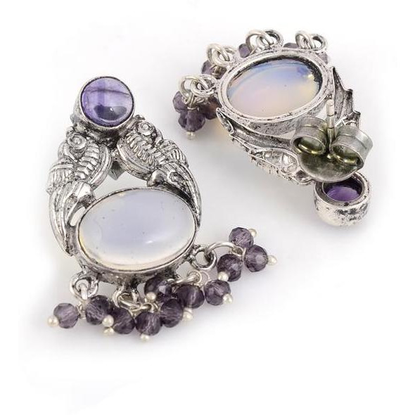 Silver-Plated & Lavender Oxidised Floral Drop Earrings By Silvermerc Designs