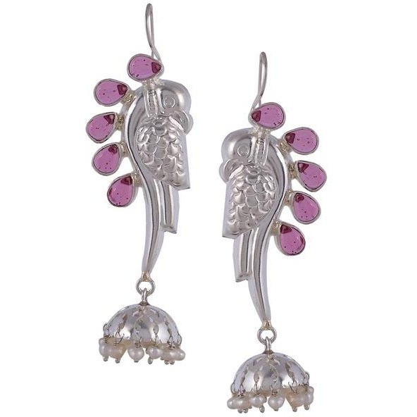 Silver-Plated & Pink Handcrafted Peacock Shaped Jhumkas By Silvermerc Designs