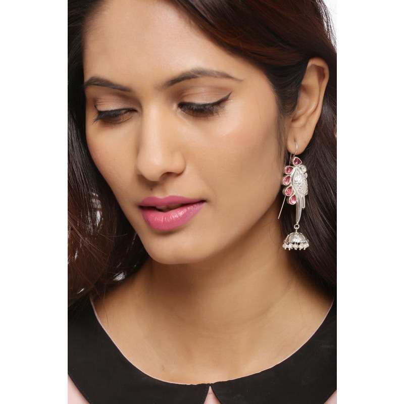 Silver-Plated & Pink Handcrafted Peacock Shaped Jhumkas By Silvermerc Designs