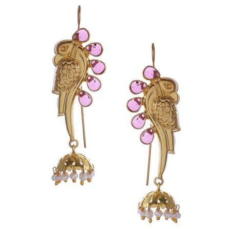 Gold-Plated & Pink Handcrafted Peacock Shaped Jhumkas By Silvermerc Designs