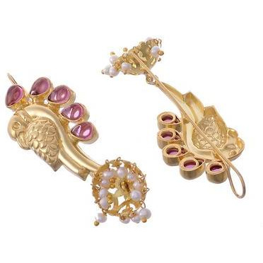 Gold-Plated & Pink Handcrafted Peacock Shaped Jhumkas By Silvermerc Designs