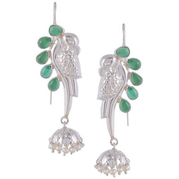 Silver-Plated & Green Peacock Shaped Handcrafted Jhumkas By Silvermerc Designs