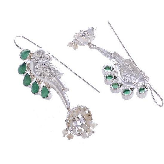 Silver-Plated & Green Peacock Shaped Handcrafted Jhumkas By Silvermerc Designs