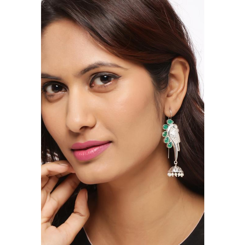 Silver-Plated & Green Peacock Shaped Handcrafted Jhumkas By Silvermerc Designs
