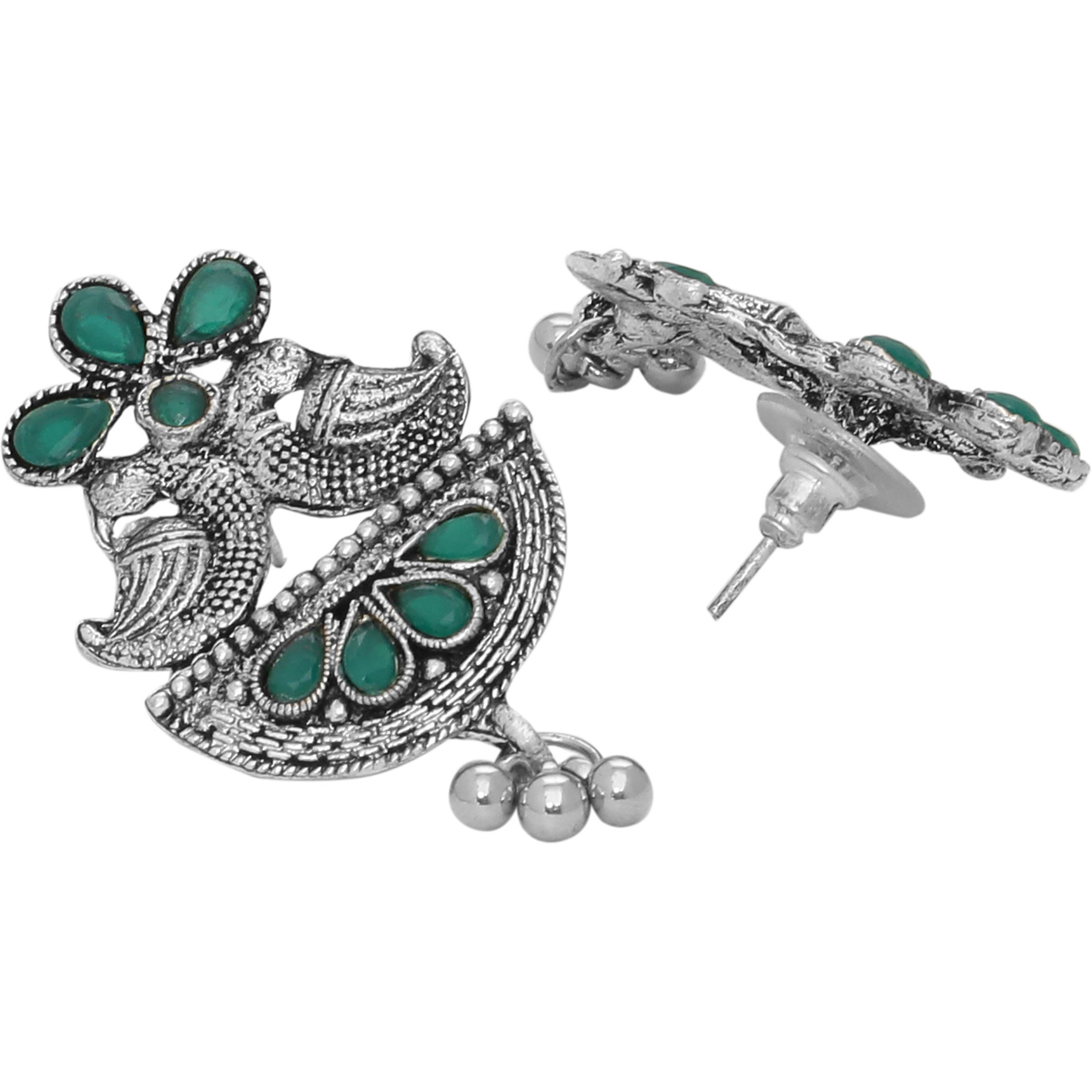 Classic & Green Turquoise & Silver Detailing Floral Design Studs Earrings By Silvermerc Designs