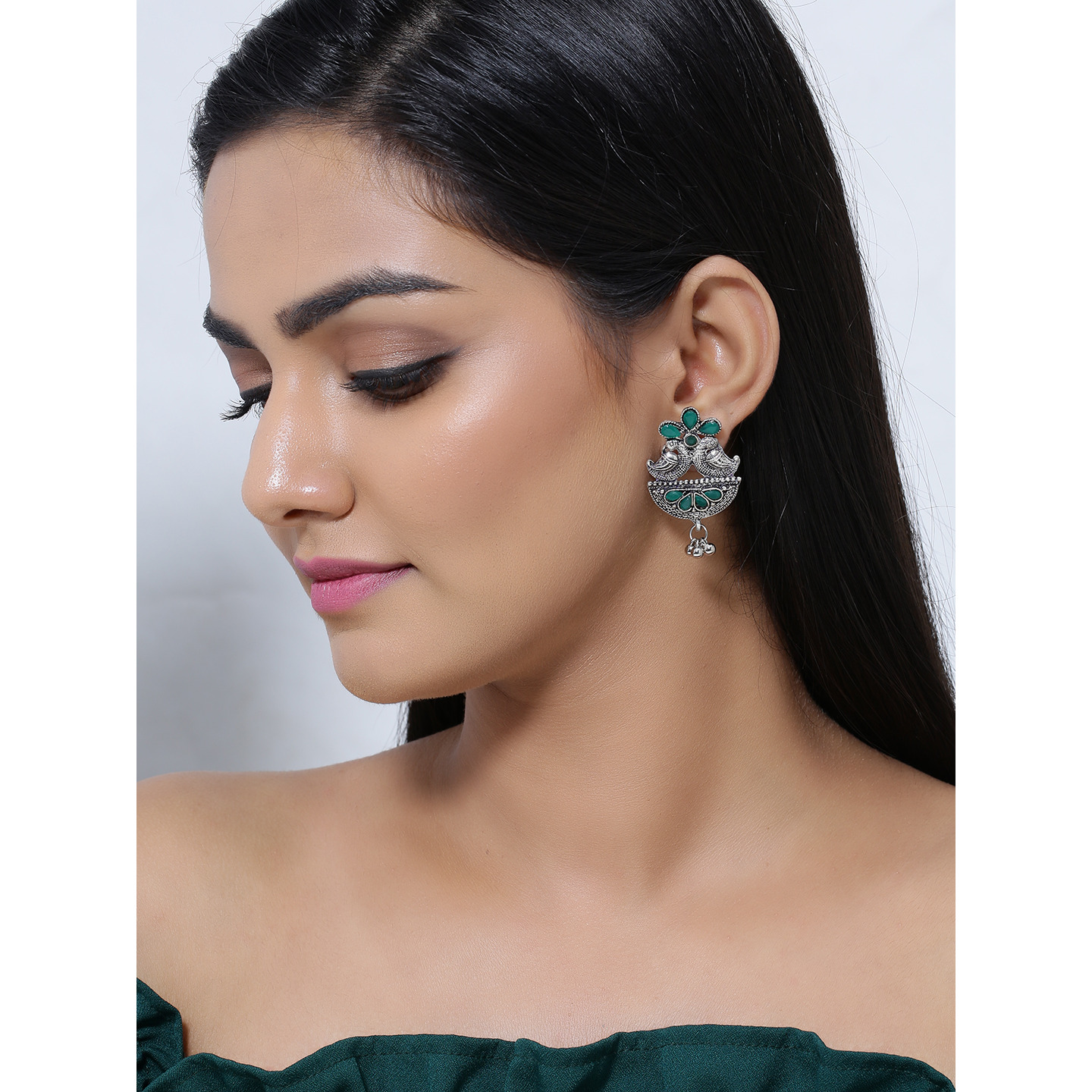 Classic & Green Turquoise & Silver Detailing Floral Design Studs Earrings By Silvermerc Designs