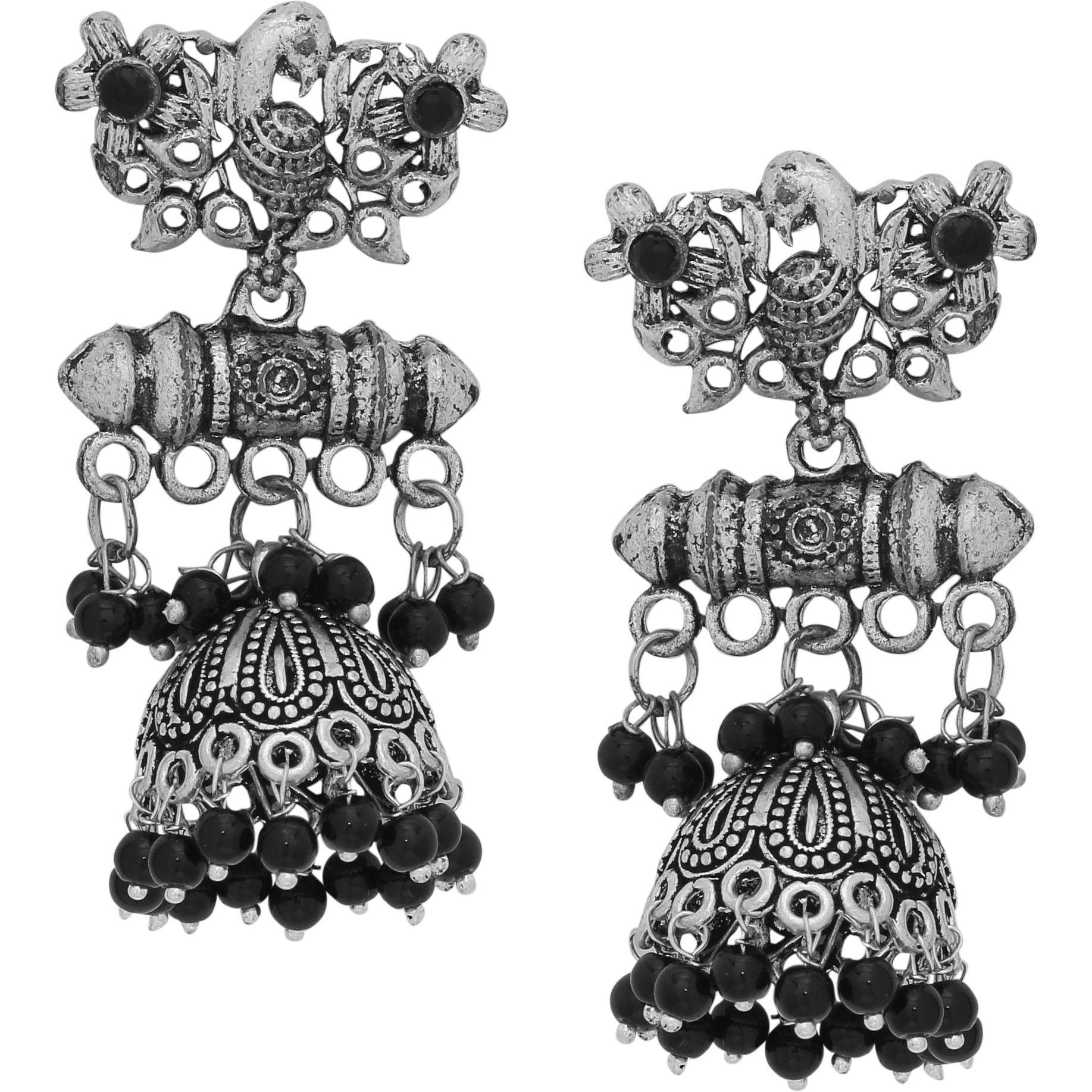 Beautiful Oxidised, Black Beads Round  Shape Jhumka Earrings By Silvermerc Designs