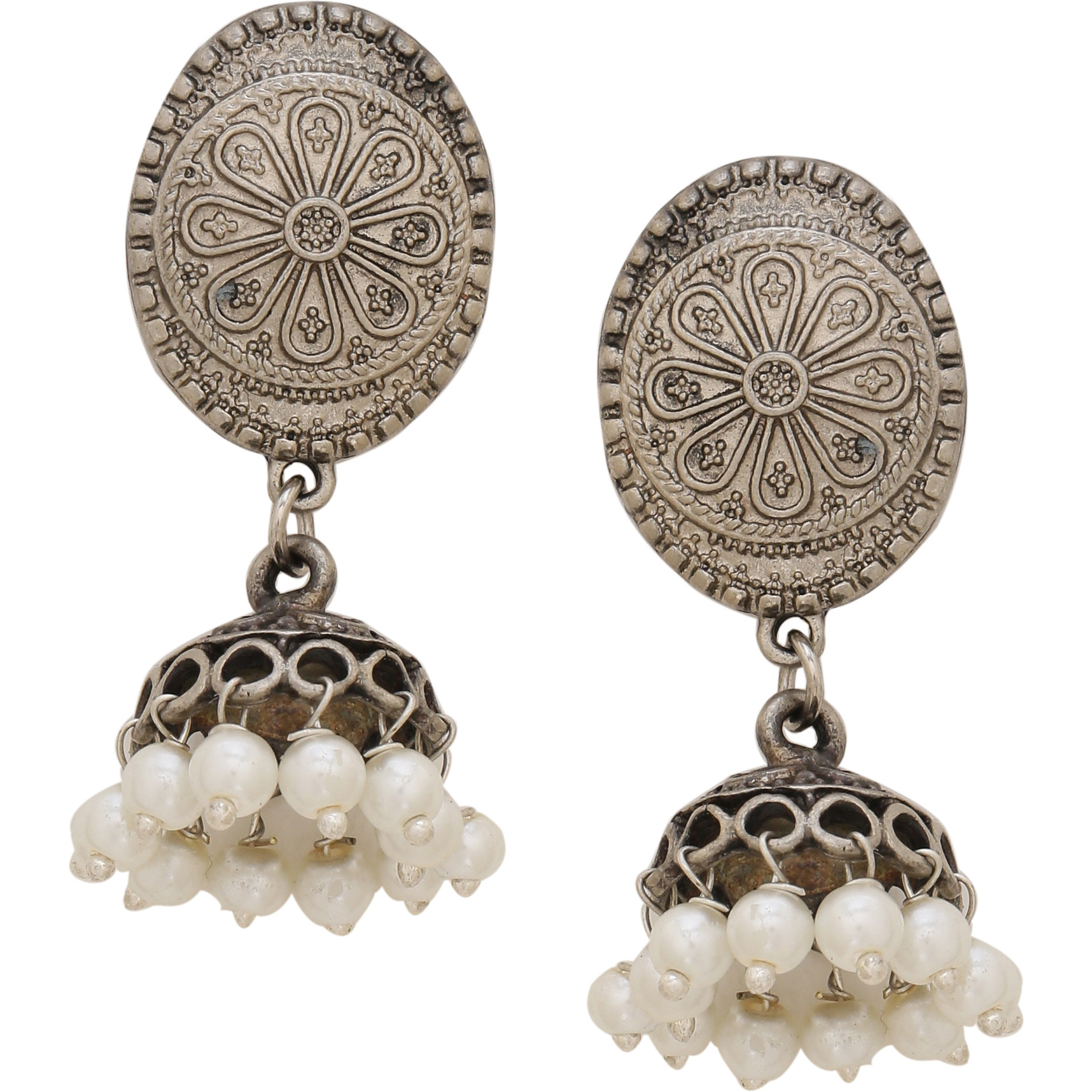 Classic Fresh Water Pearls & Silver Detaing Jhumka Earrings By Silvermerc Designs