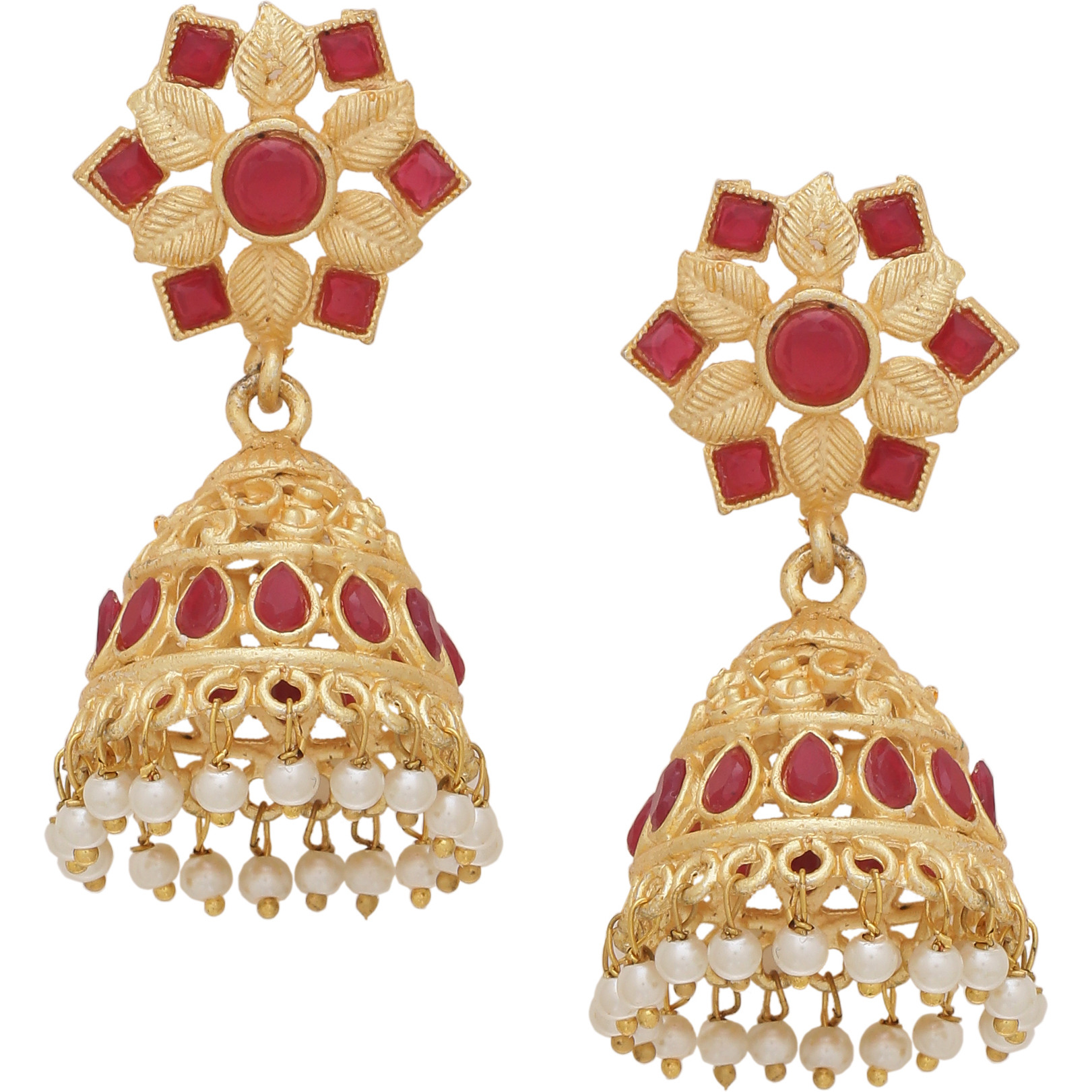 Beautiful Red Turquoise & Fresh Water Pearls Gold Tone Jhumka Earrings By Silvermerc Designs