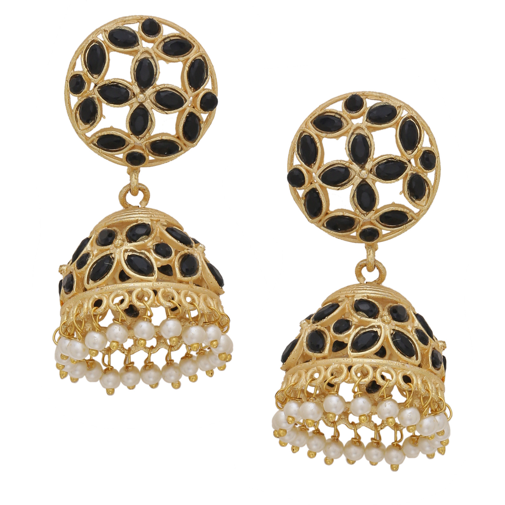 Classic Black Turquoise & Pearls Gold Plated Jhumka Earrings  By Silvermerc Designs