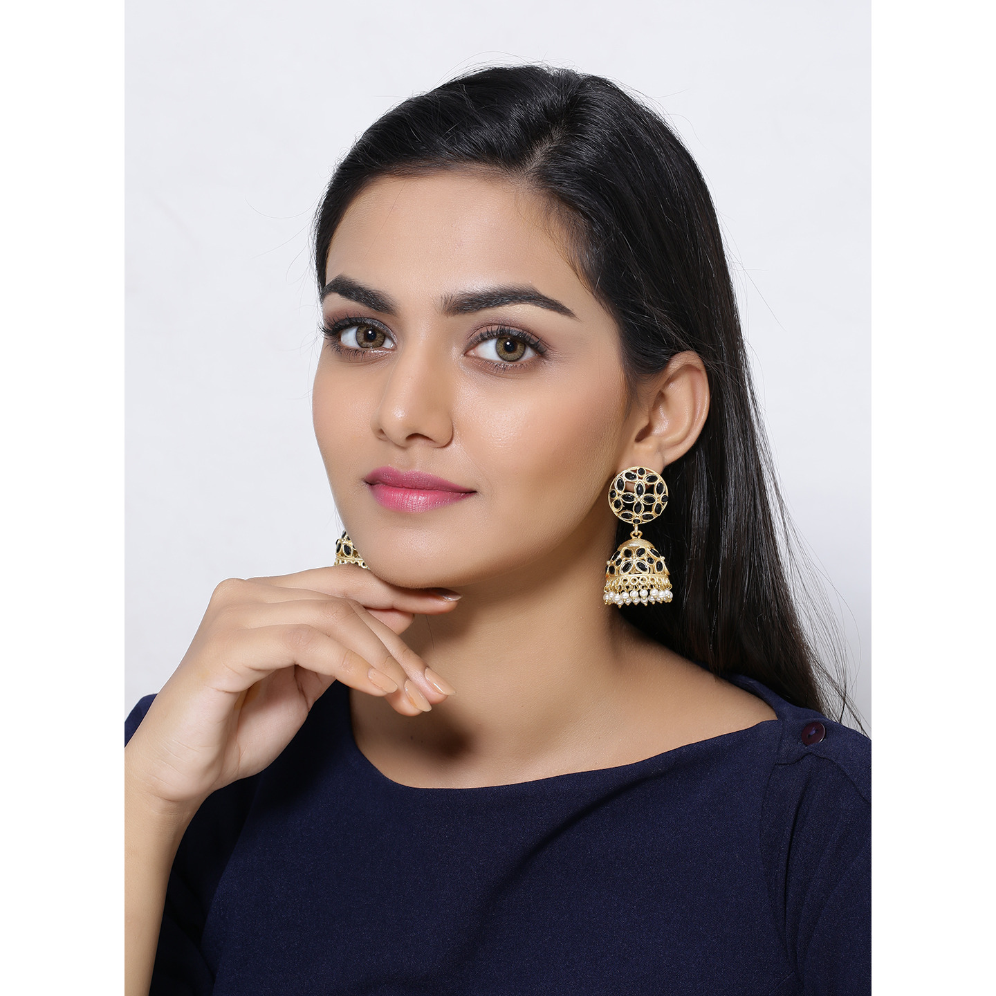 Classic Black Turquoise & Pearls Gold Plated Jhumka Earrings  By Silvermerc Designs