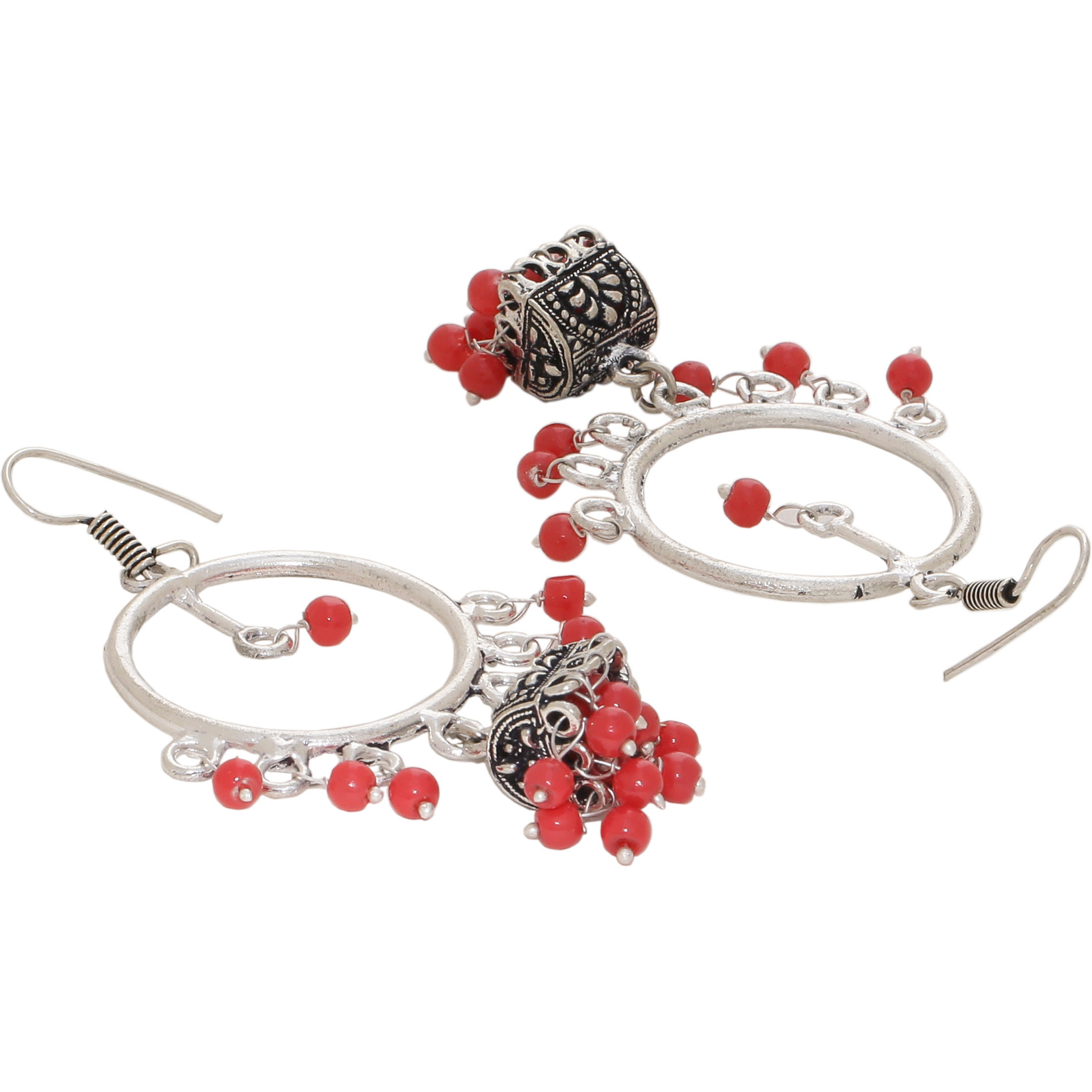 Silver Plated & Red Beads Beautiful Jhumka Earrings By Silvermerc Designs