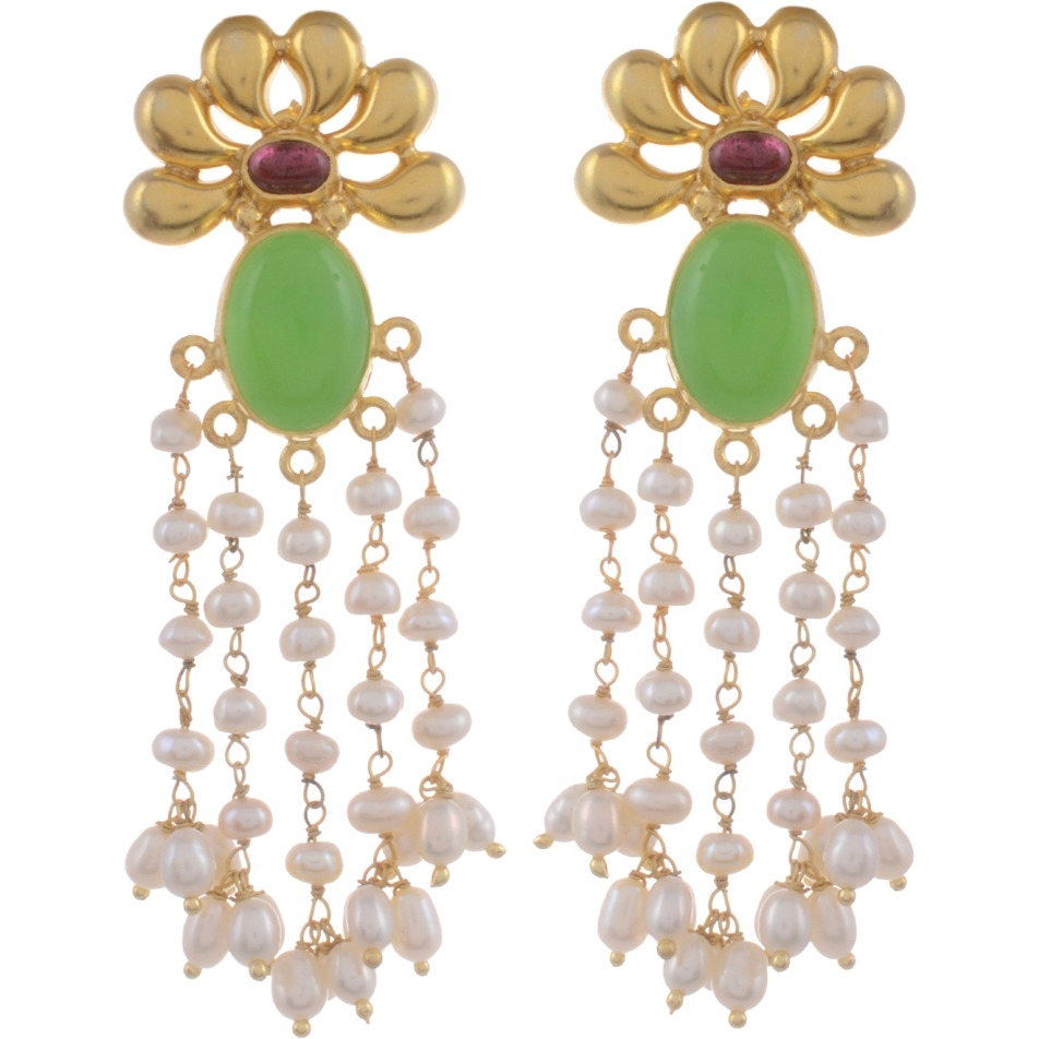 Classic Floral Design, Fresh Water Pearl, Green Oynx Drop Earrings By Silvermerc Designs