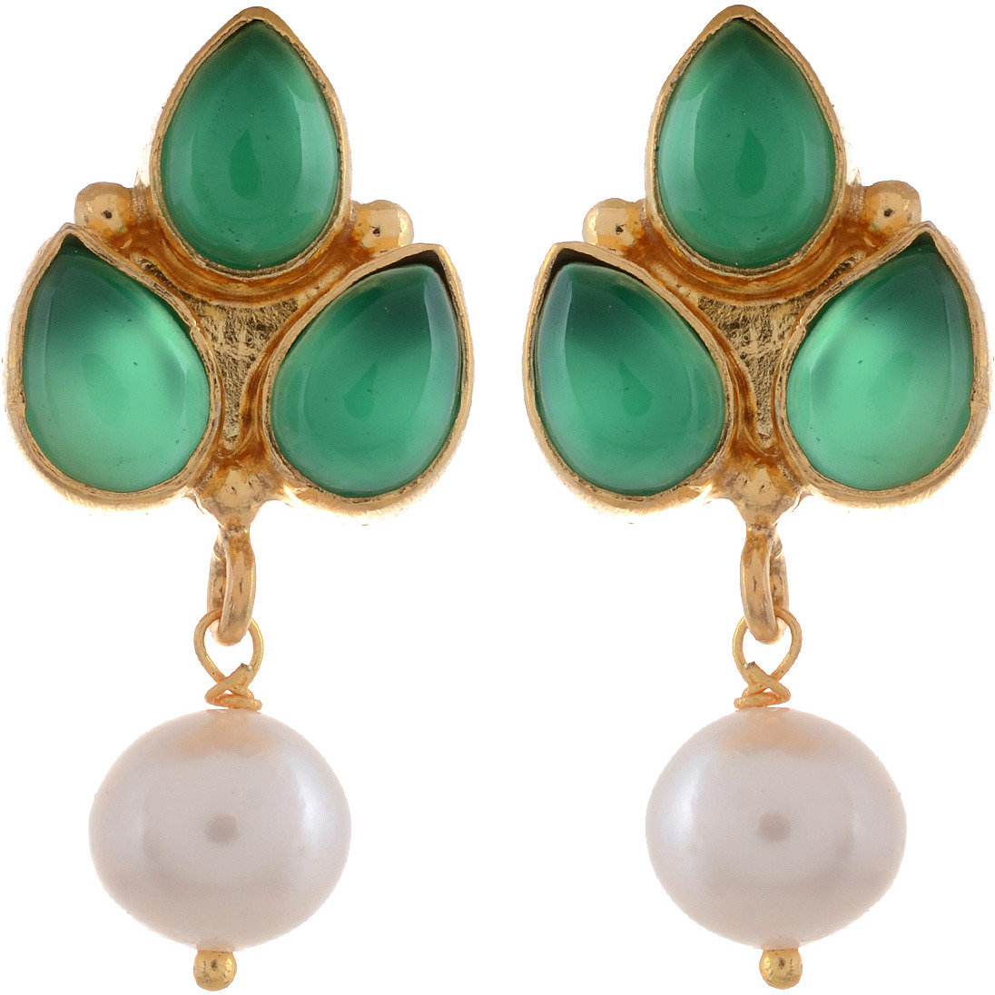 Gold Plated Trendy Design, Green Turquoise, Pearl Studs Earrings By Silvermerc Designs