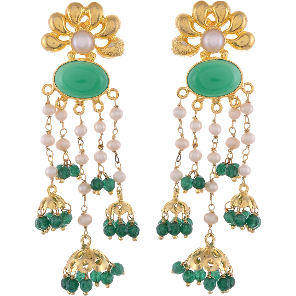 Gold Plated, Fresh Pearls, Green Turquois Jhumka Earrings By Silvermerc Designs