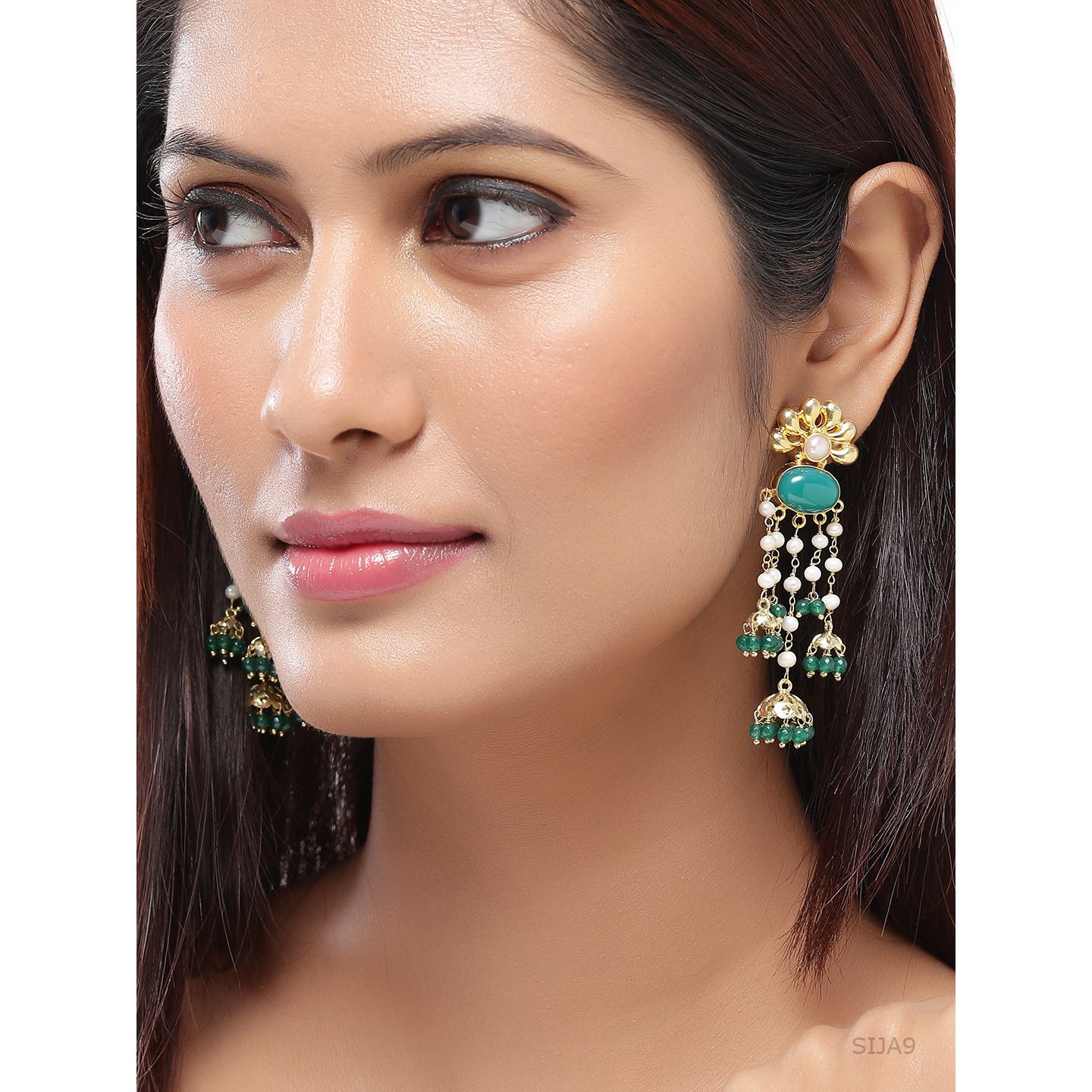 Gold Plated, Fresh Pearls, Green Turquois Jhumka Earrings By Silvermerc Designs