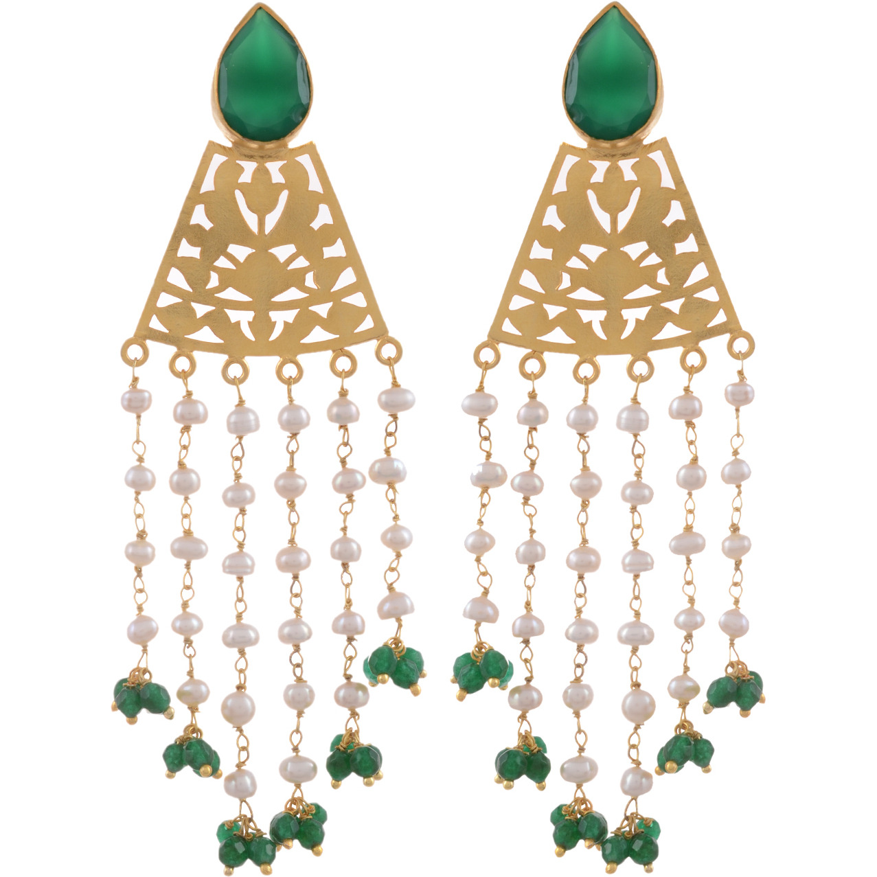 Gold Plated, Green Oynx, Fresh Water Pearls Beautiful Drop Earrings By Silvermerc Designs