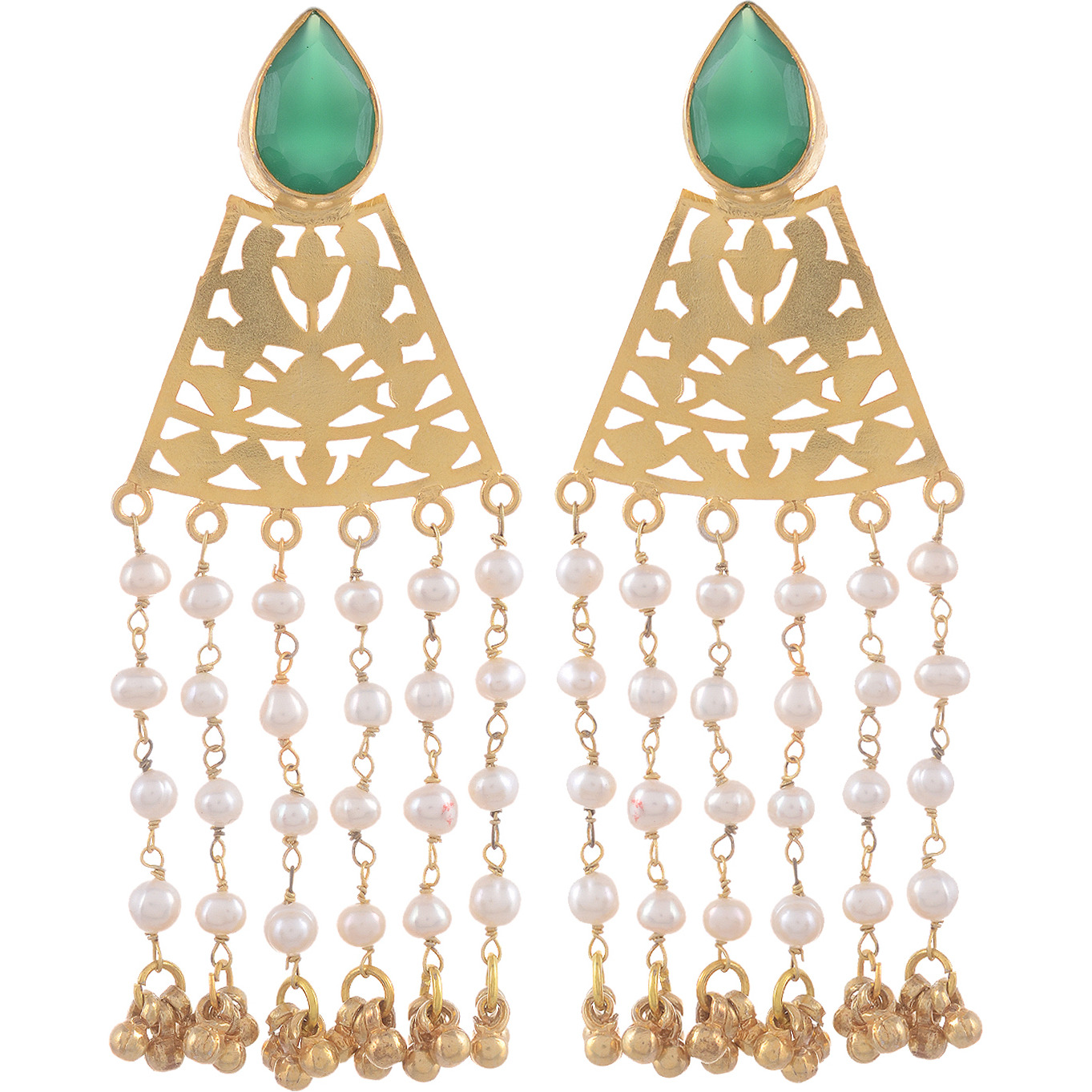 Gold Plated, Green Oynx, Fresh Water Pearls Beautiful Drop Earrings By Silvermerc Designs