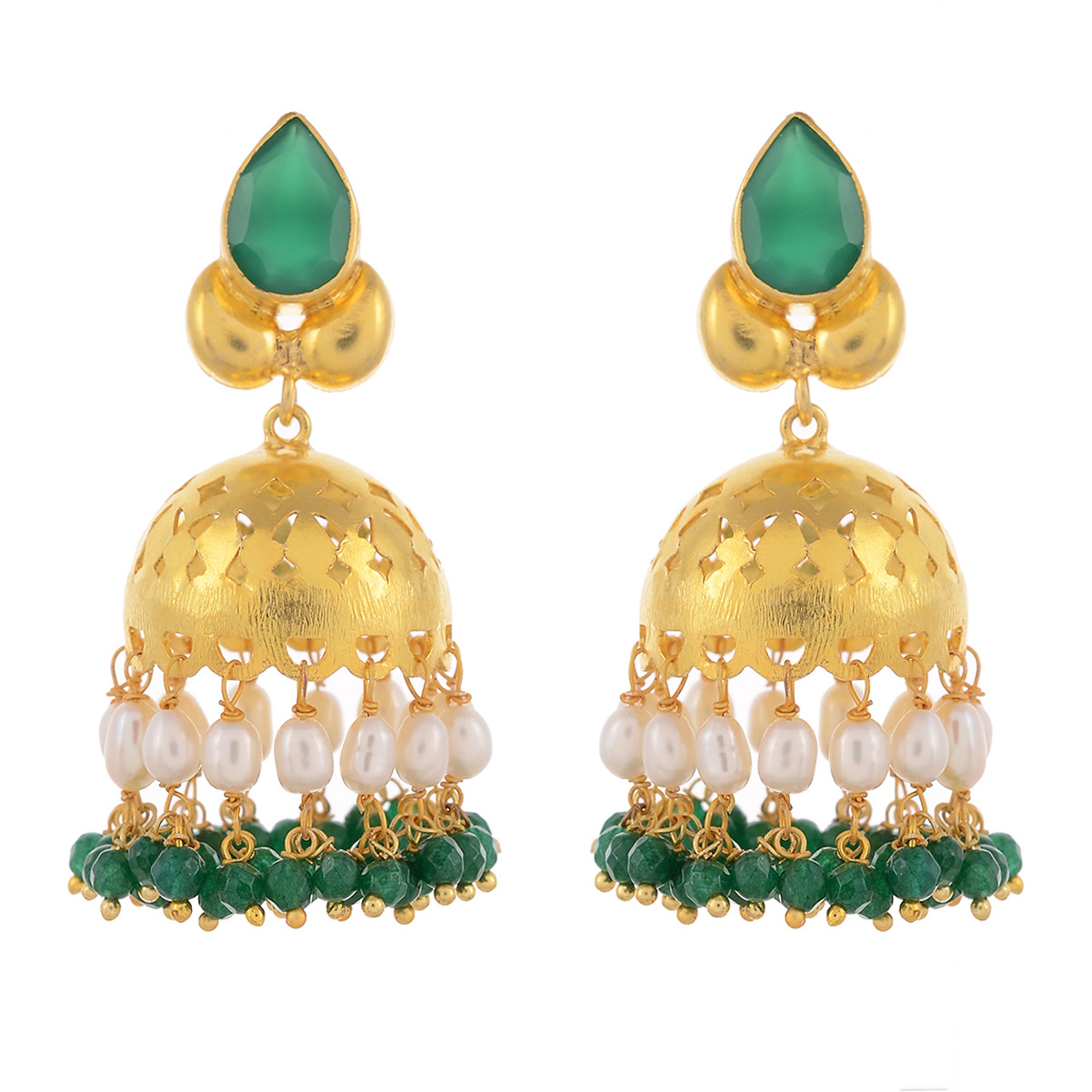 Gold Plated, Green Oynx, Pearls Beautiful Jhumka Earrings By Silvermerc Designs