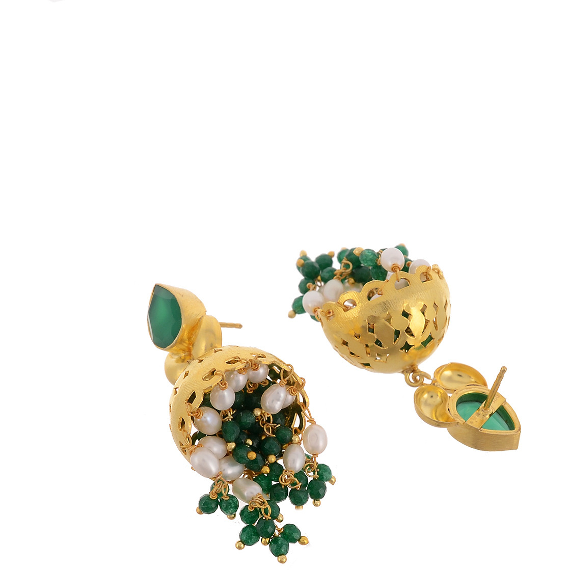 Gold Plated, Green Oynx, Pearls Beautiful Jhumka Earrings By Silvermerc Designs