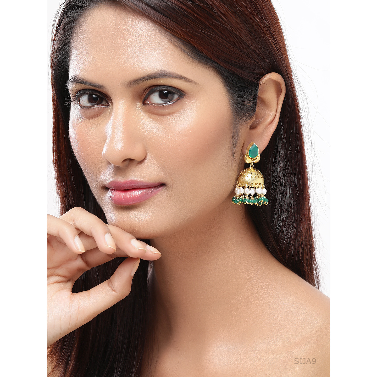 Gold Plated, Green Oynx, Pearls Beautiful Jhumka Earrings By Silvermerc Designs