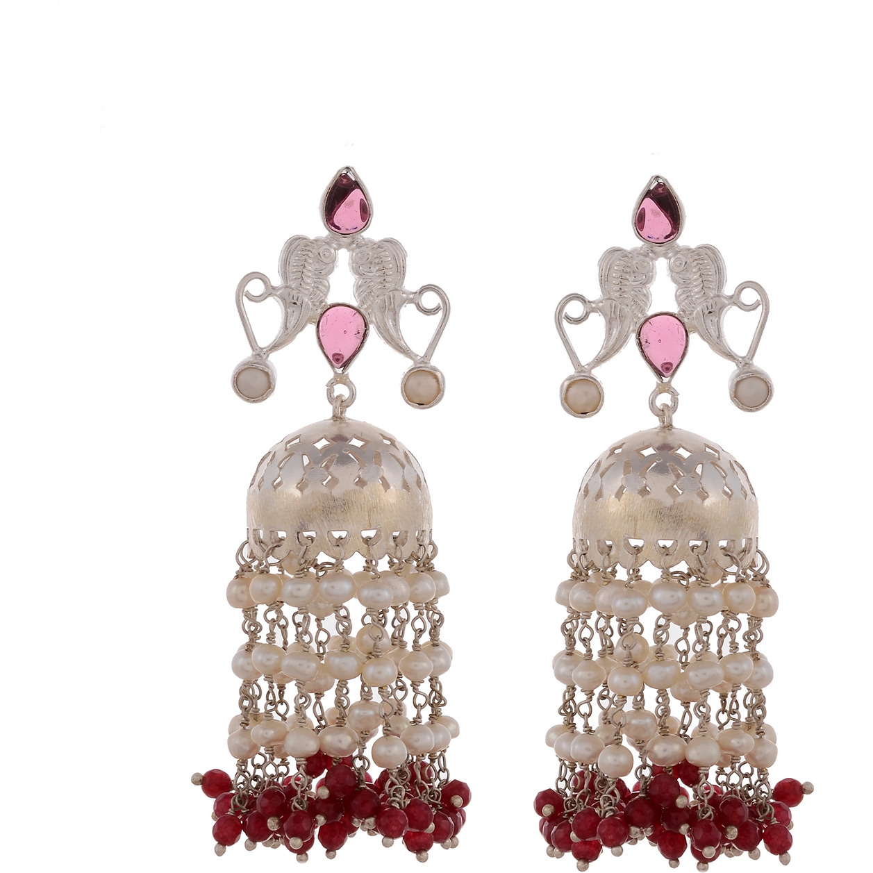 Classic & Pink Oynx & Pearl Silver Jhumka Earrings By Silvermerc Designs