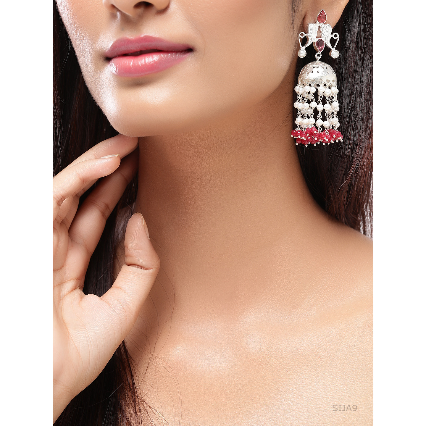 Classic & Pink Oynx & Pearl Silver Jhumka Earrings By Silvermerc Designs