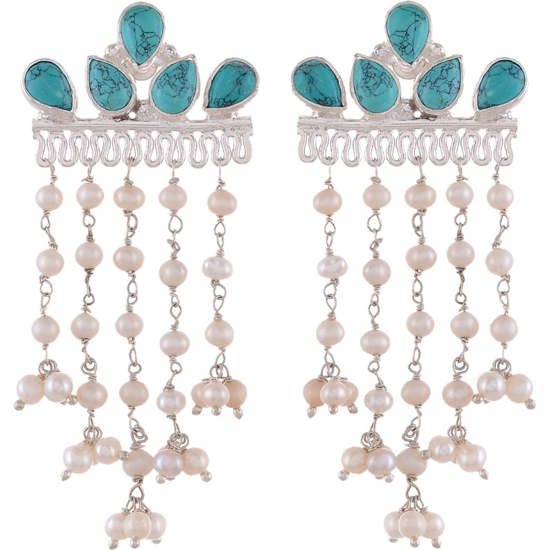 Classic Design & Sky Blue Turquoise & Fresh Water Pearls Drop Earrings By Silvermerc Designs