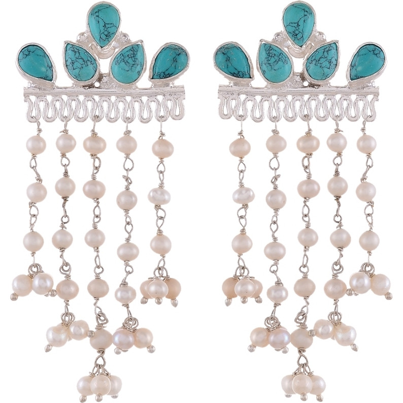 Classic Design & Sky Blue Turquoise & Fresh Water Pearls Drop Earrings By Silvermerc Designs