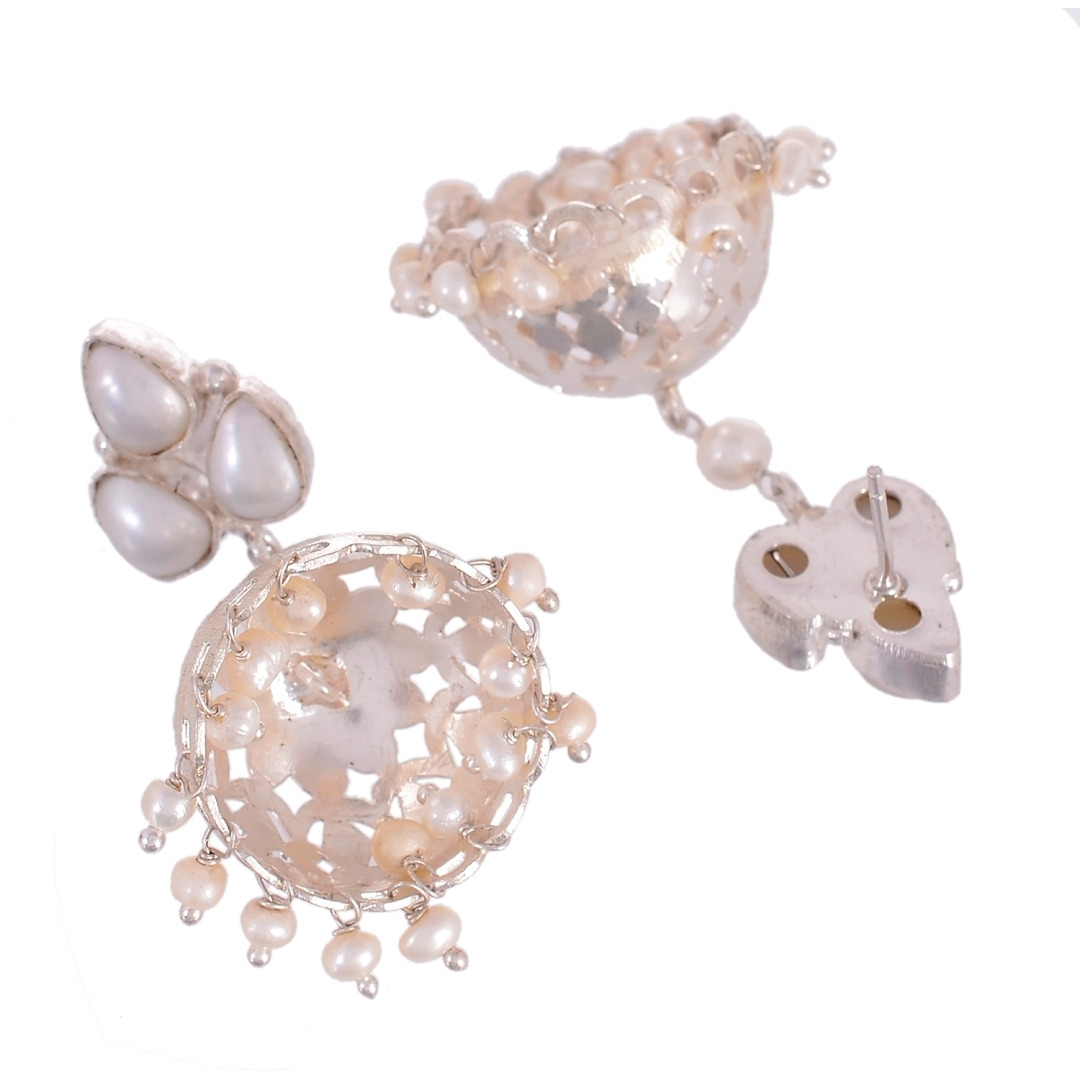 Beautiful Floral Designs & Fresh Water Pearls Silver Jhumka Earrings By Silvermerc Designs