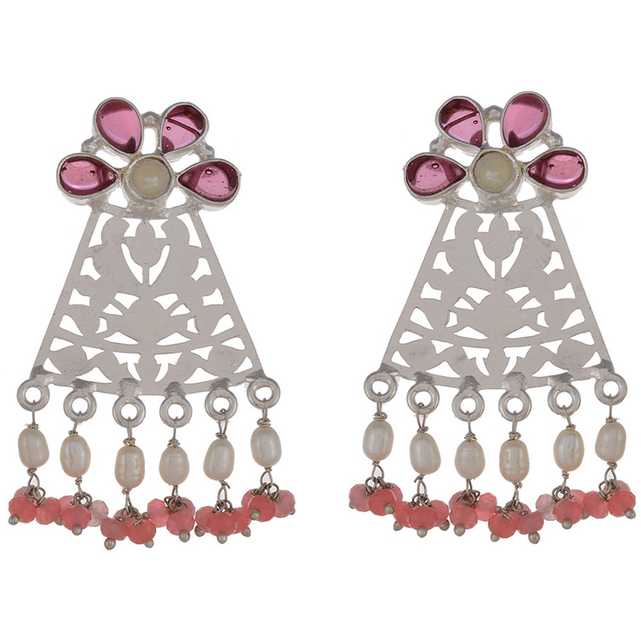 Beautiful Floral Design & Pink Turquoise Silver Drop Earrings By Silvermerc Designs