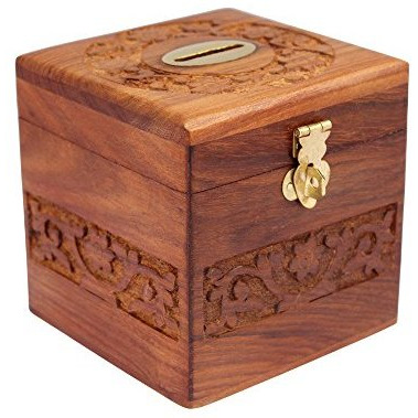 Crafts'man Beautiful Indian Handmade Wooden Money Bank in Square Shape 4x4 inch