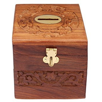 Crafts'man Beautiful Indian Handmade Wooden Money Bank in Square Shape 4x4 inch