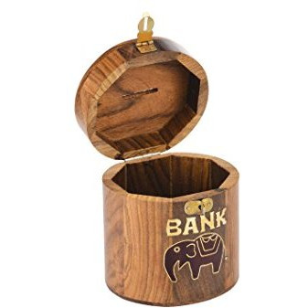Wooden Money Box / Piggy Bank / Counting Jar with Elephant Design & Secure Latch