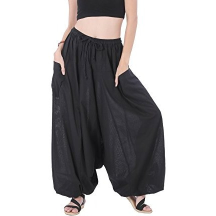 100% Cotton Baggy Boho Gypsy Hippie Harem Pants Plus Size (Black)