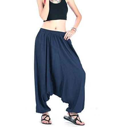 Men Women 100% Rayon Baggy Boho Yoga Harem Pants Navy Blue One size